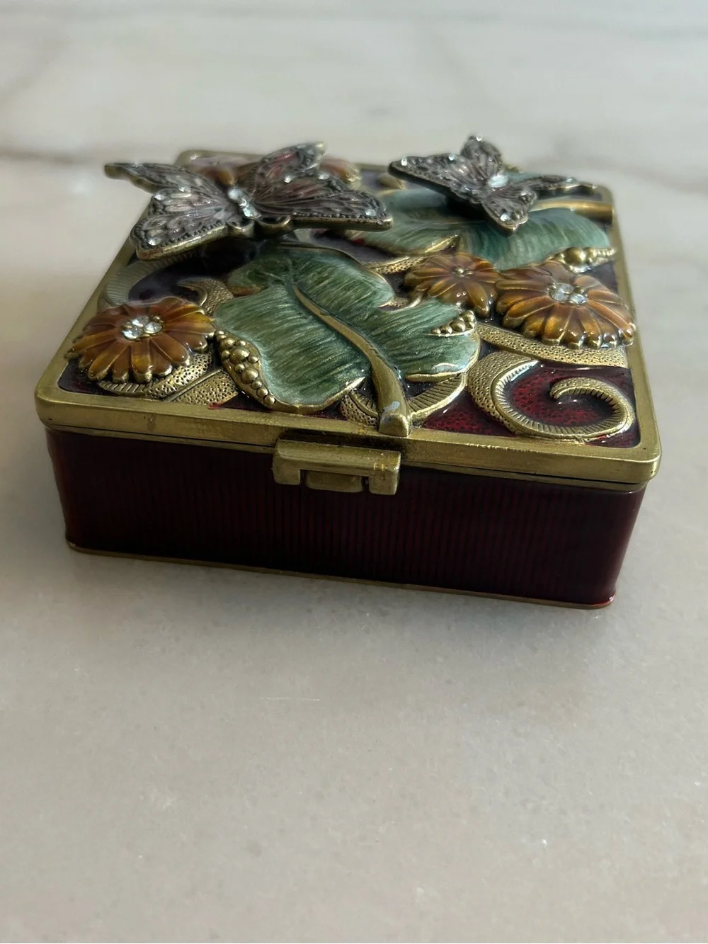 The Bombay Company Enameled Trinket Jewelry Box Mirror Velvet Interior Vintage